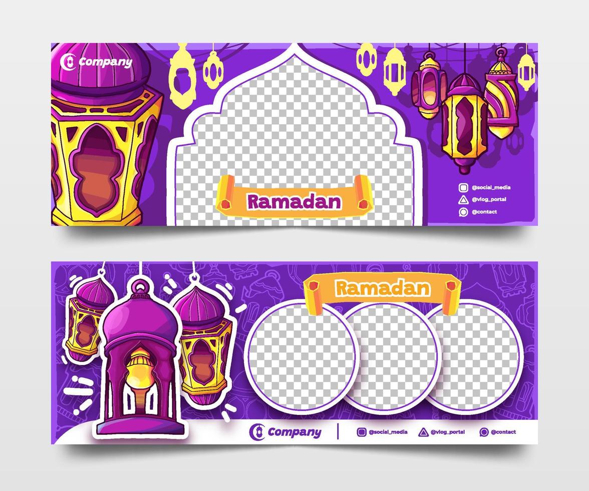 Purple Ramadan Banners with Hand Drawn Lanterns Illustration and Image Space vector