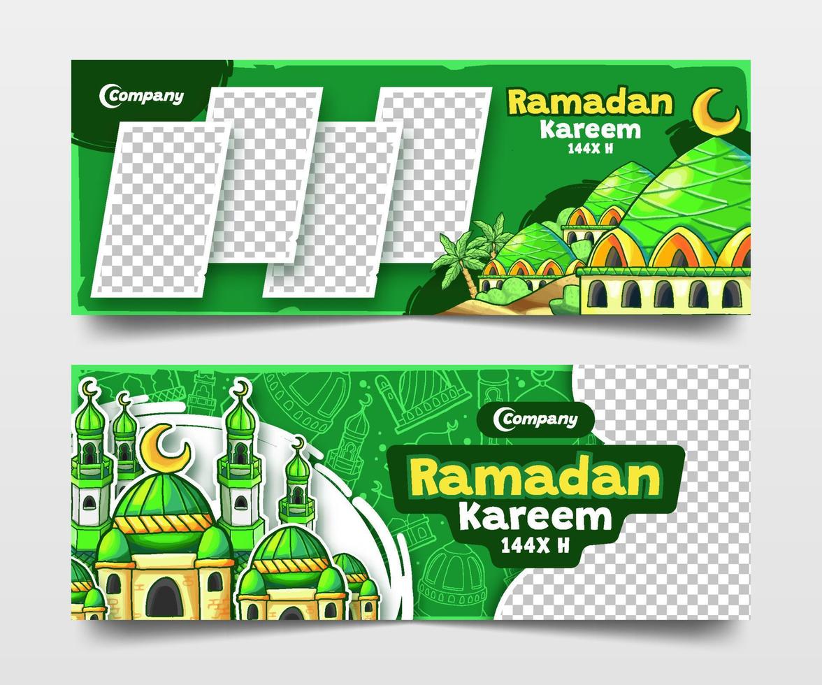 Green Ramadan Kareem Banners with Hand Drawn Mosques Illustration vector