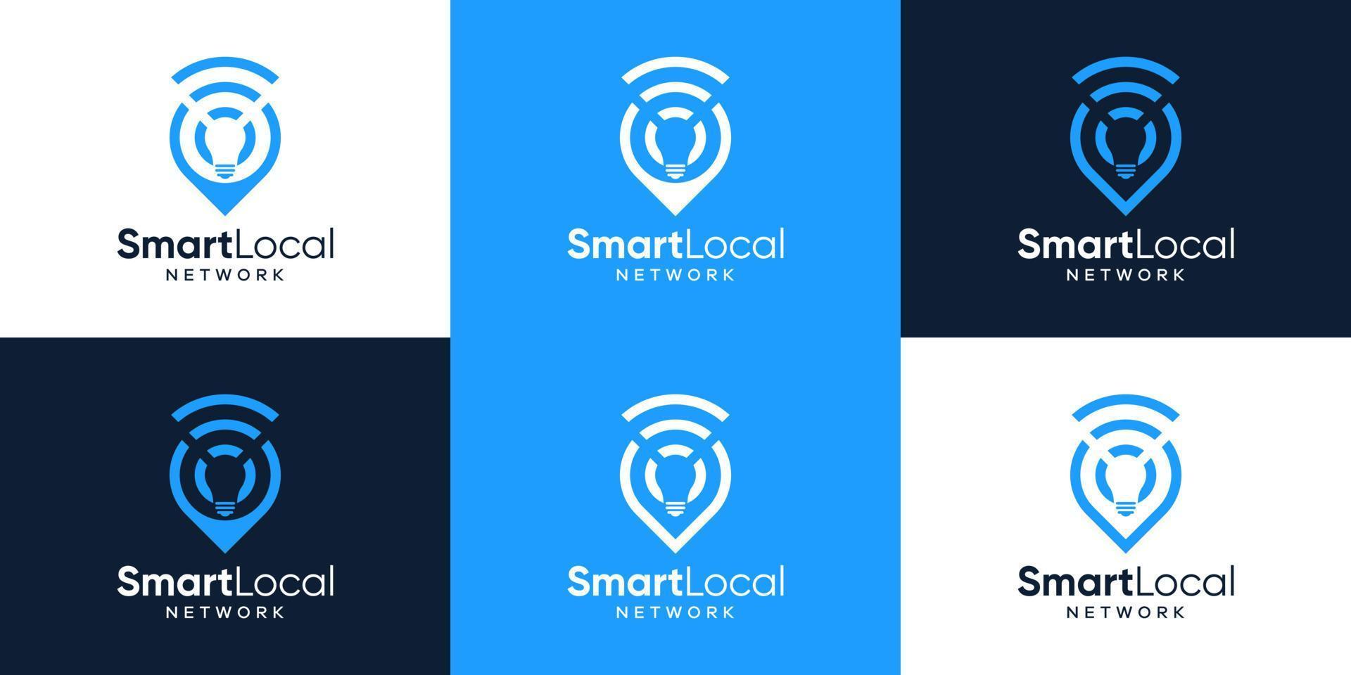 Collection of pin location logo design with signal wifi connection and light bulb design graphic vector illustration. Smart Local symbol, icon, creative.