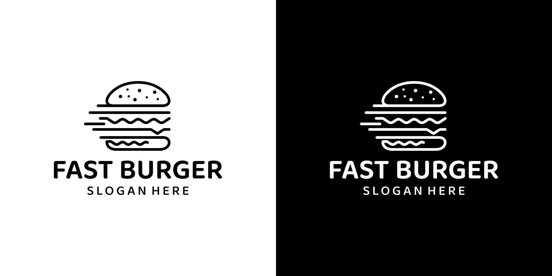 Burger with line logo design with speed graphic design. Fast food symbol concept isolated on black and white background graphic design vector illustration.