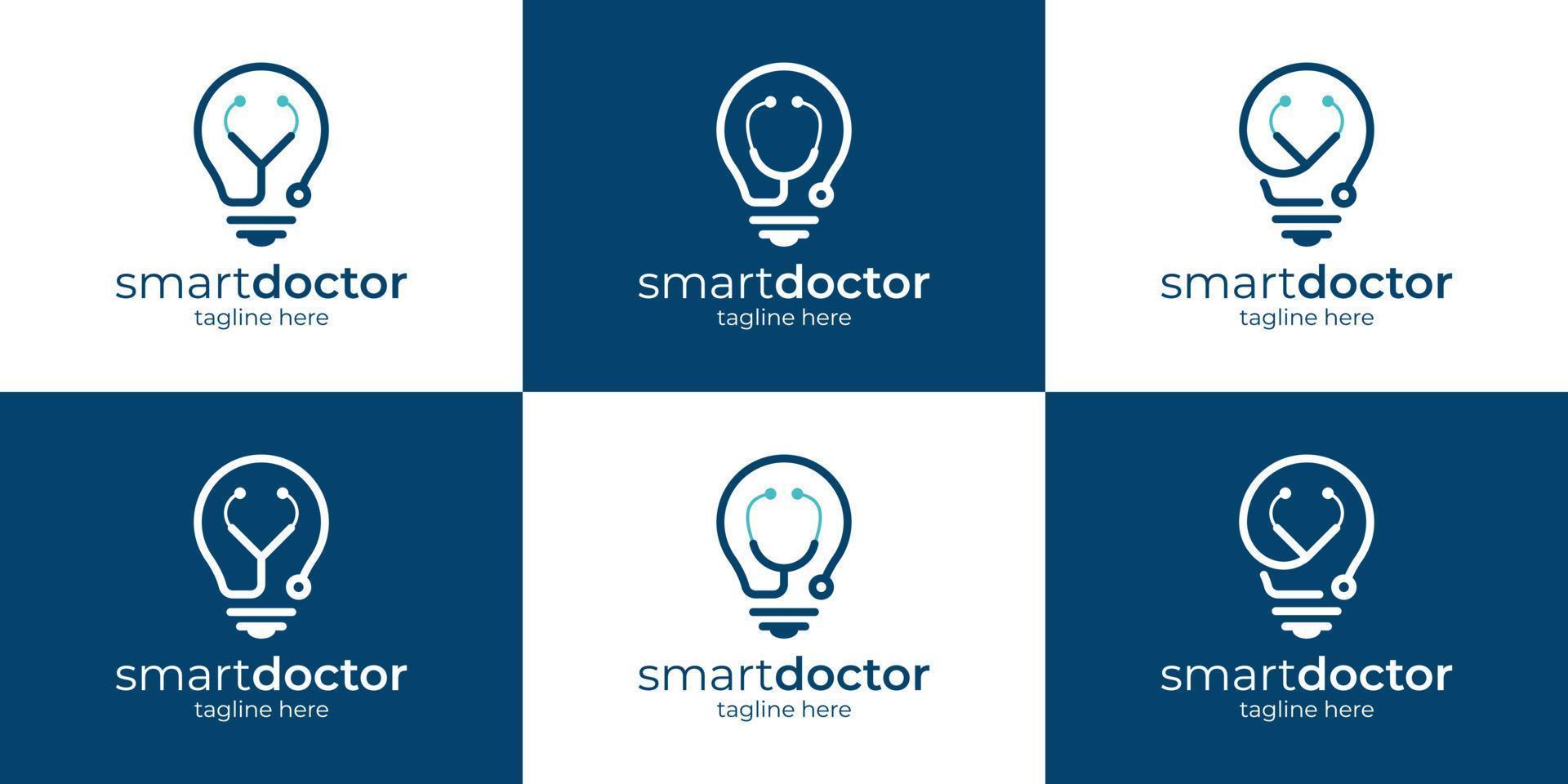 Collection of light bulb logo design with stethoscope design graphic vector illustration. Smart doctor symbol, icon, creative.