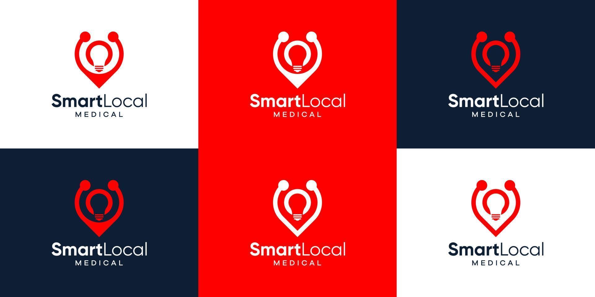 Collection of pin location logo design with light bulb and stethoscope design graphic vector illustration. Symbol, icon, creative.