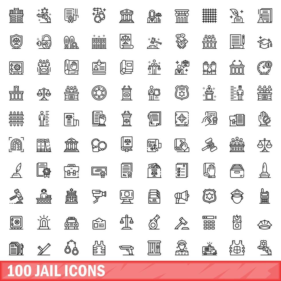 100 jail icons set, outline style vector