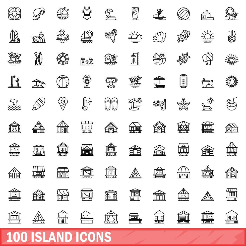 100 island icons set, outline style vector