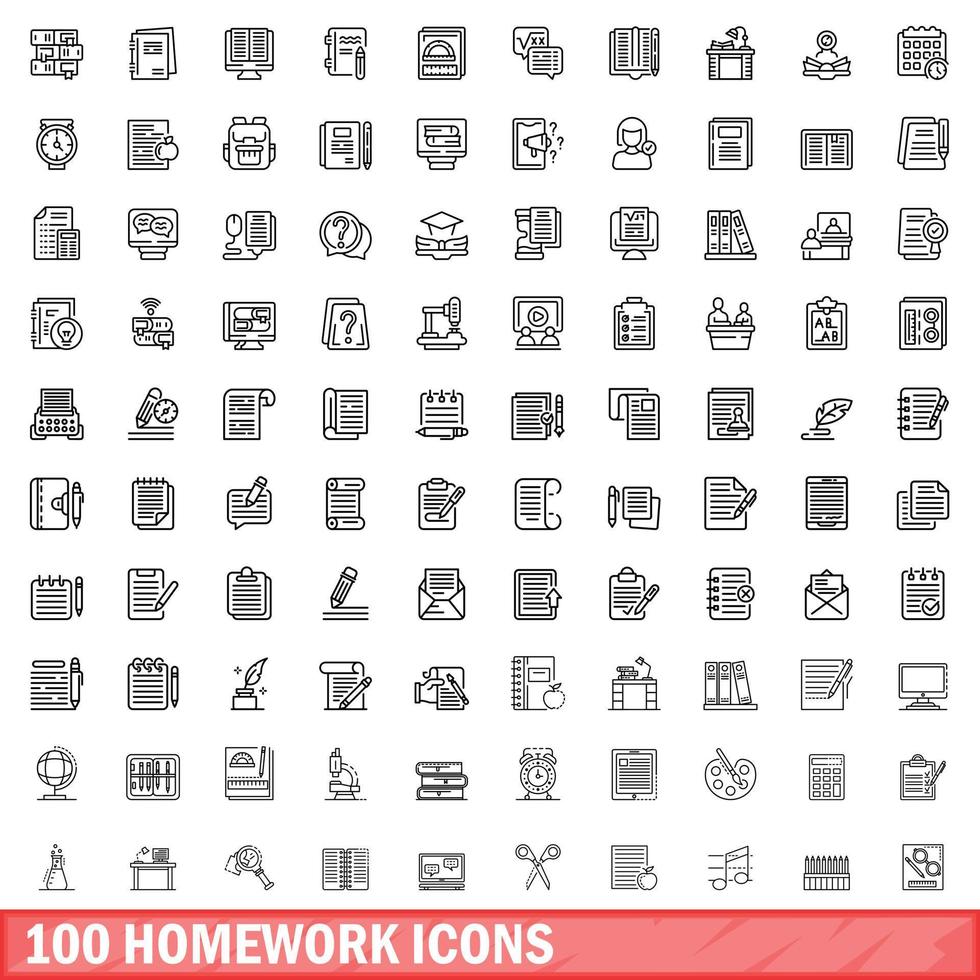 100 homework icons set, outline style vector