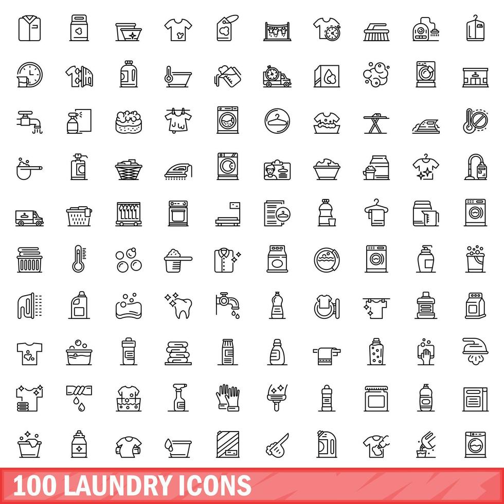 100 laundry icons set, outline style vector