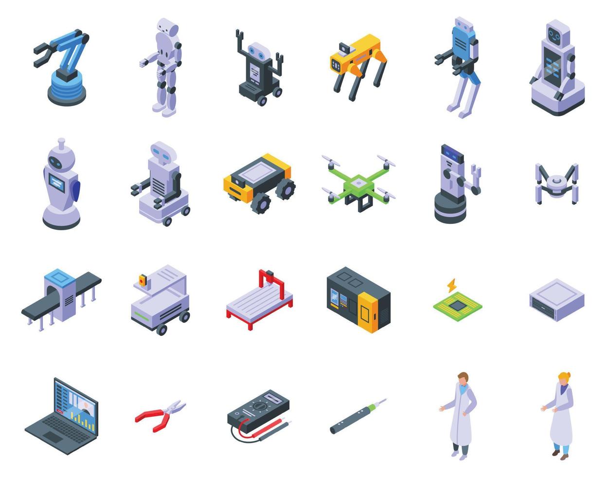 Robotic systems engineer icons set isometric vector. Software coding vector