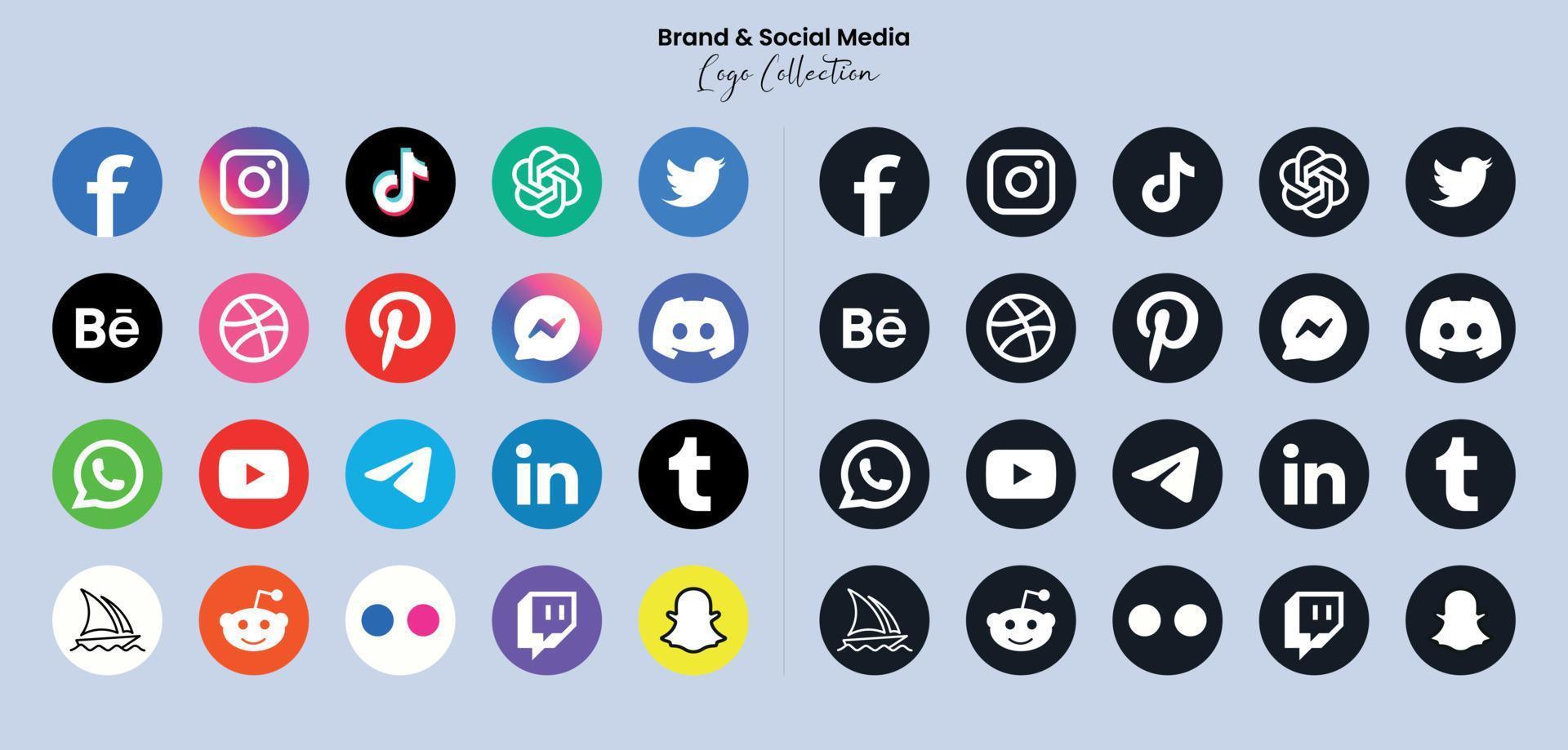 Popular social network symbols, social media logo icons collection, instagram, facebook, twitter, youtube, chatgpt, midjourney, disccord and etc. social media icons vector