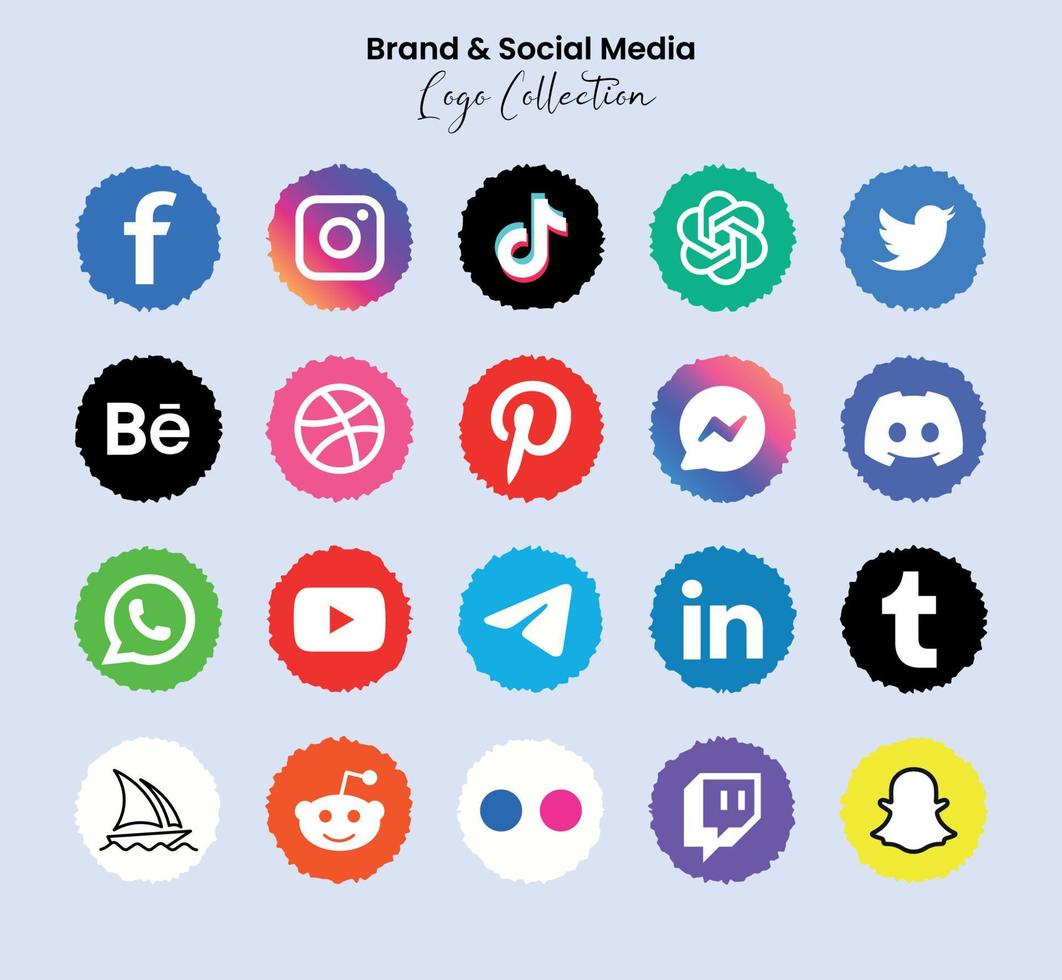 Popular social network symbols, social media logo icons collection, instagram, facebook, twitter, youtube, chatgpt, midjourney, disccord and etc. social media icons vector