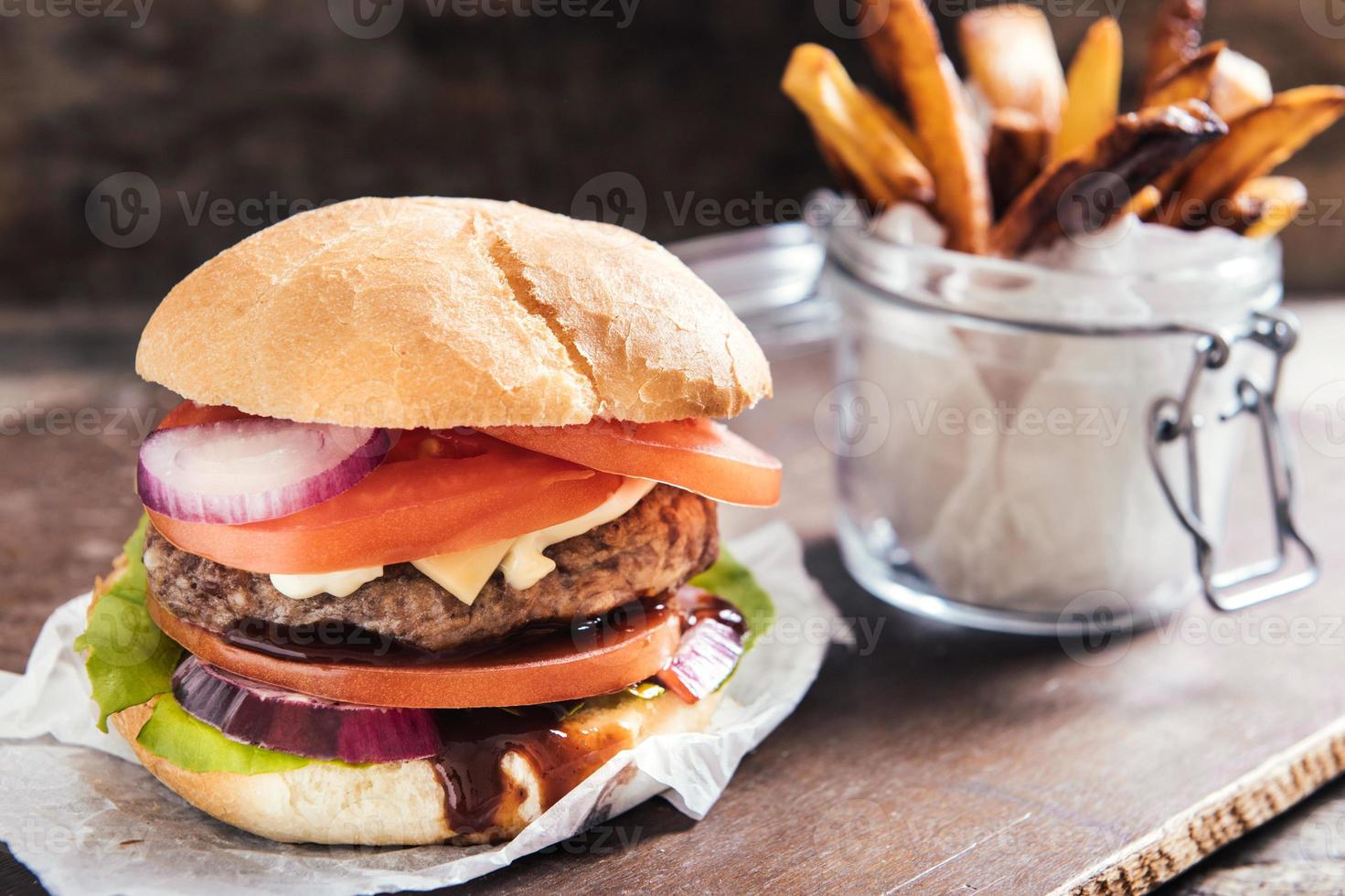 Beef burger with french fries photo