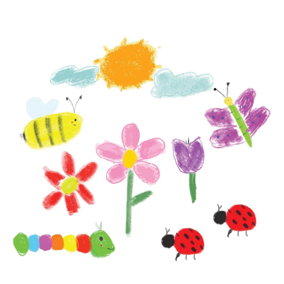 Multicolored symbols set for kindergarten, school. Children pattern. Kids drawing flowers, sun, ladybug, worm, bee, honey, butterfly. vector