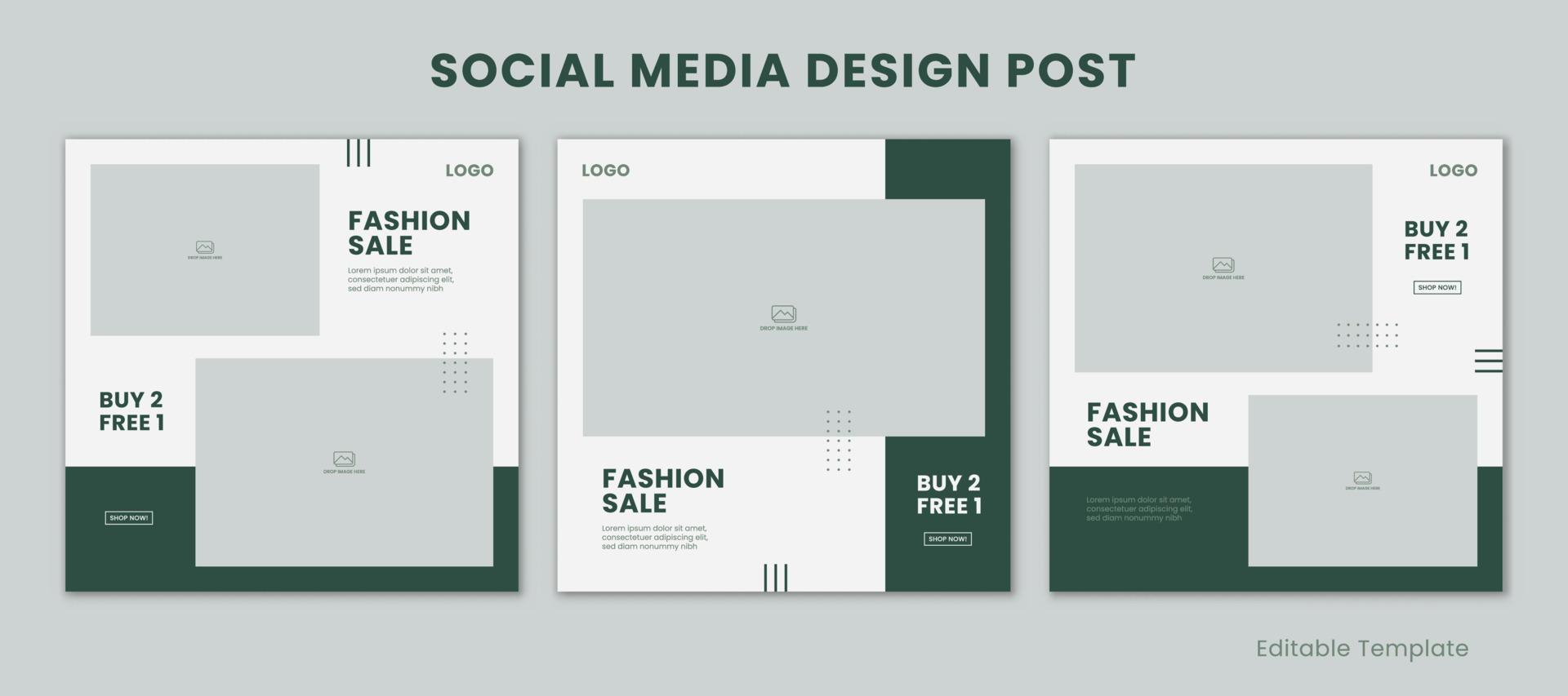 Set of 3 Editable Templates Social Media Design Post with Minimalist and Modern Style Green Color Theme. Suitable for Sale Banner, Branding, Promotion, Presentation, Advertising, Fashion vector