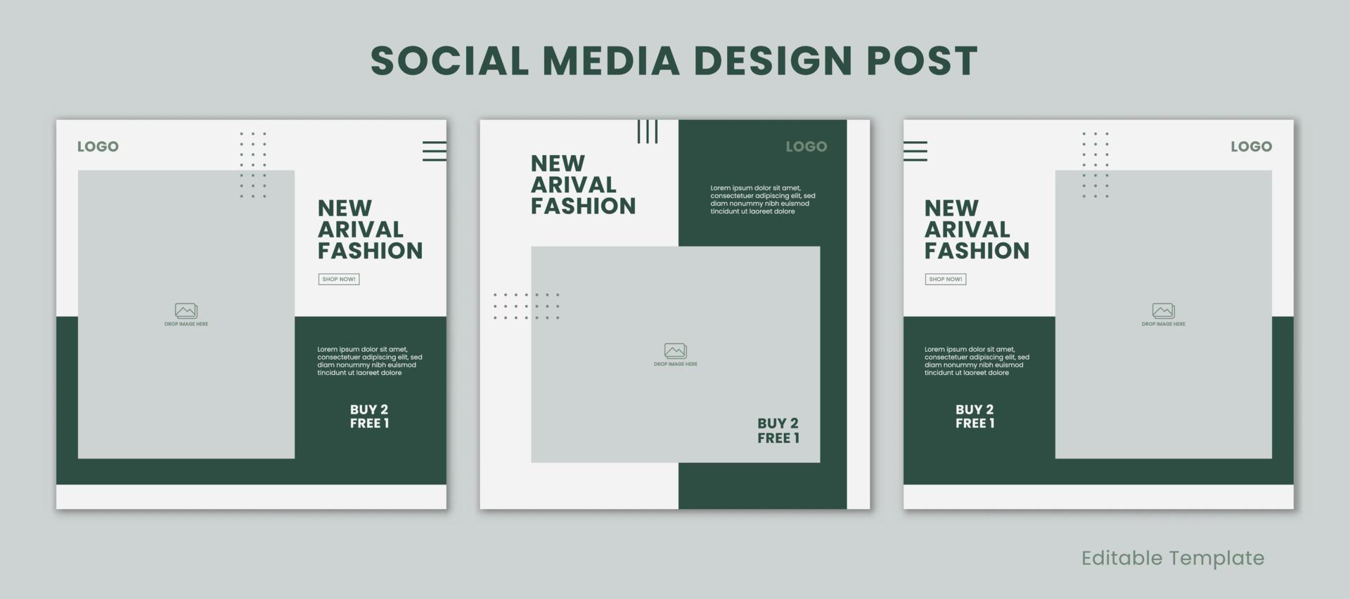 Set of 3 Editable Templates Social Media Design Post with Minimalist and Modern Style Green Color Theme. Suitable for Sale Banner, Branding, Promotion, Presentation, Advertising, Fashion vector