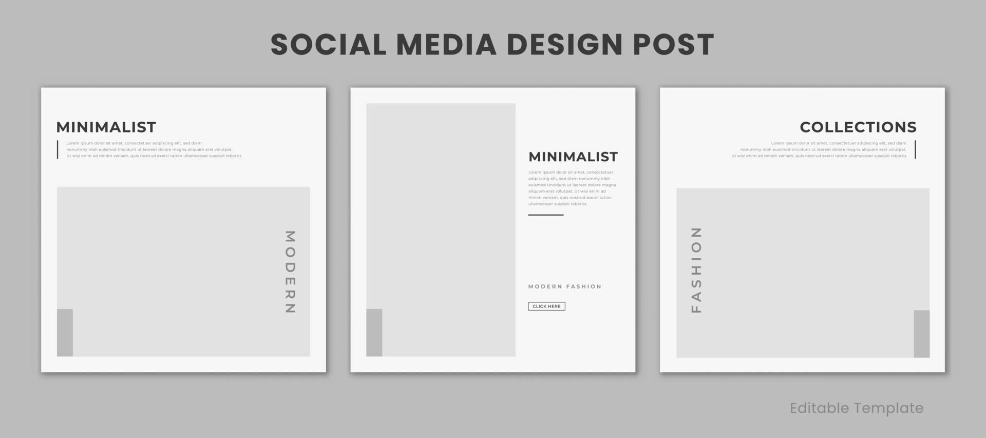 Set of 3 Editable Social Media Design Template with Minimalist and Modern Style Monochrome Color. Suitable for Sale Banner, Branding, Promotion, Presentation, Advertising, Fashion Sale, Page vector