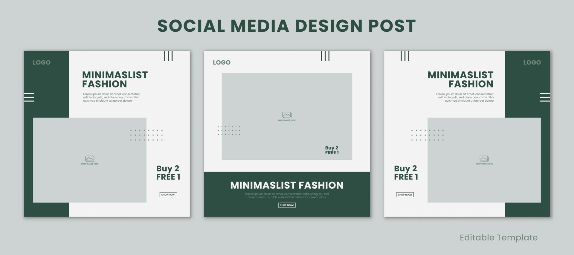 Set of 3 Editable Templates Social Media Design Post with Minimalist and Modern Style Green Color Theme. Suitable for Sale Banner, Branding, Promotion, Presentation, Advertising, Fashion vector