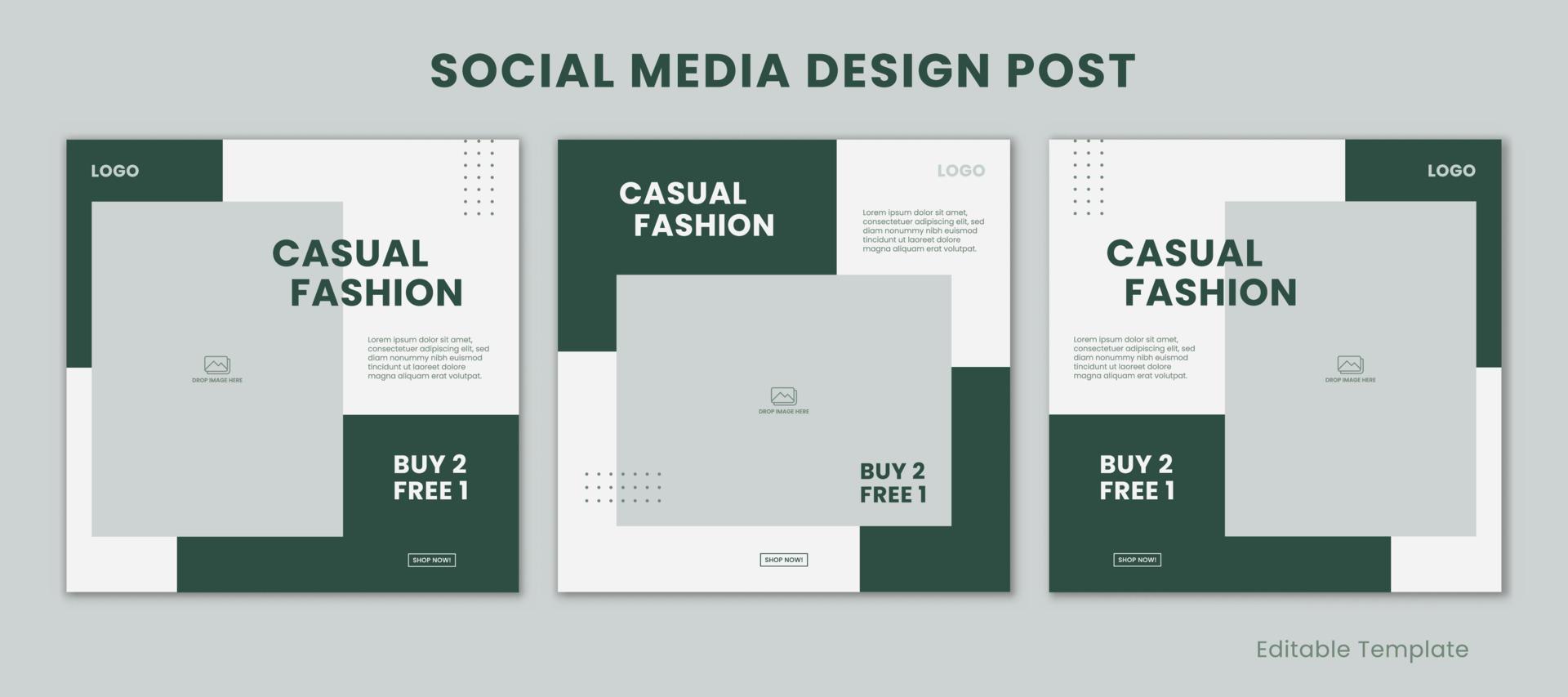 Set of 3 Editable Templates Social Media Design Post with Minimalist and Modern Style Green Color Theme. Suitable for Sale Banner, Branding, Promotion, Presentation, Advertising, Fashion vector