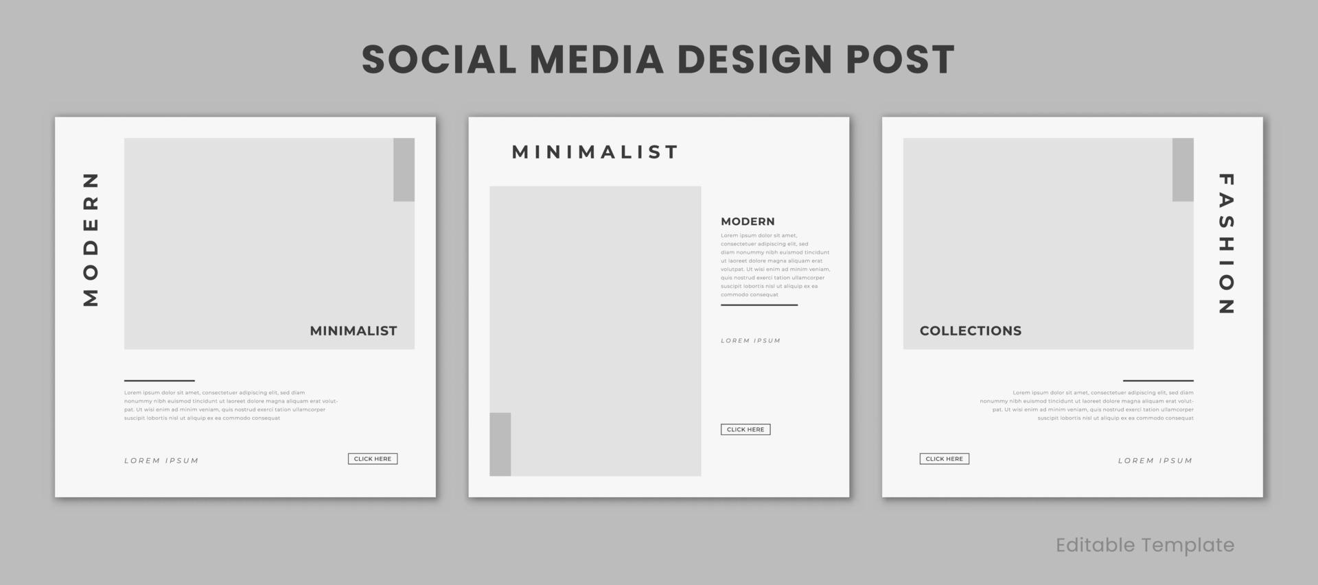 Set of 3 Editable Social Media Design Template with Minimalist and Modern Style Monochrome Color. Suitable for Sale Banner, Branding, Promotion, Presentation, Advertising, Fashion Sale, Page vector