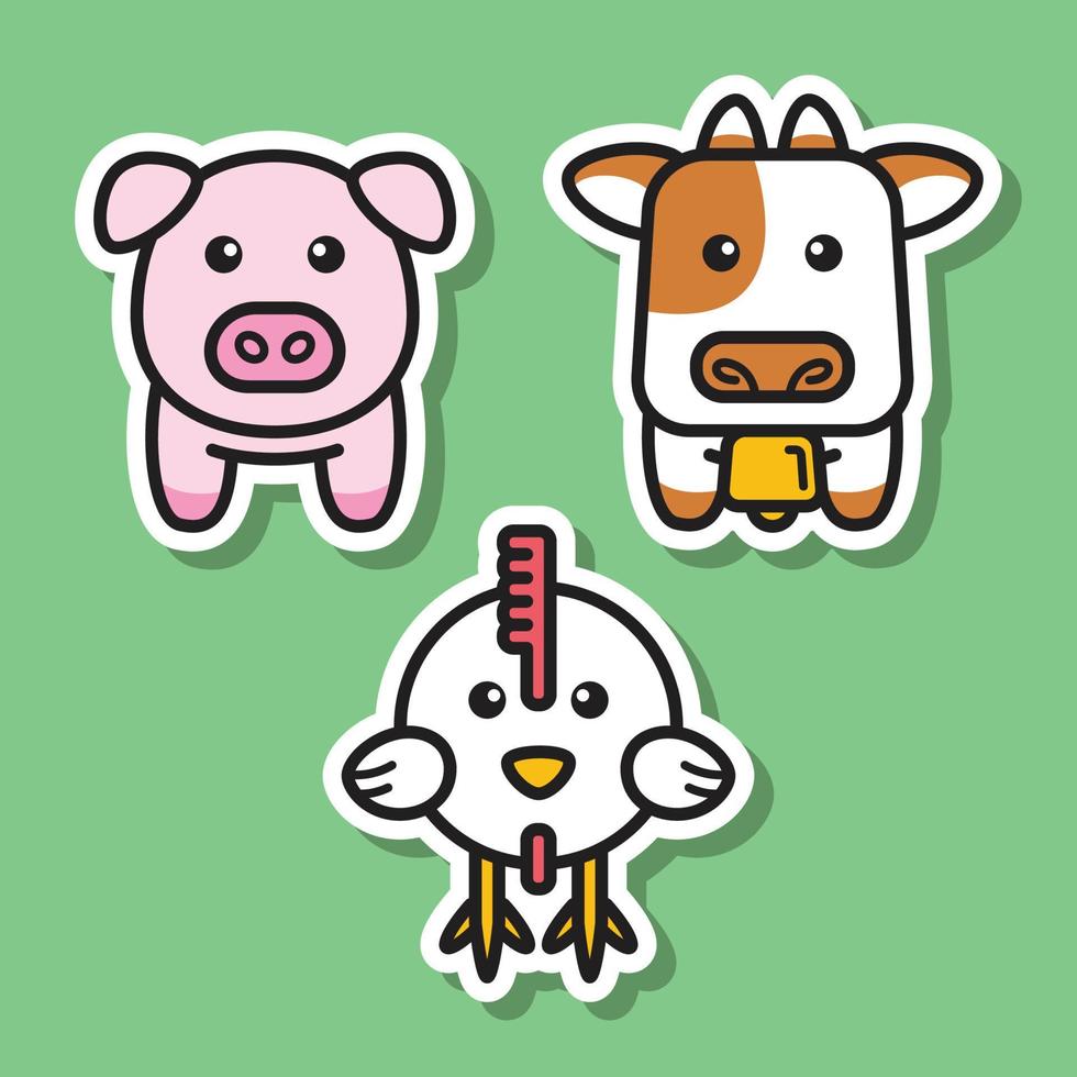 Cute Cow, Pig, and Chicken Farm Animal Icons Vector