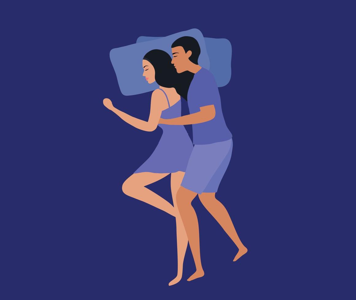 romántico Pareja dormido felizmente en cama vector ilustración. amor y contento relación concepto