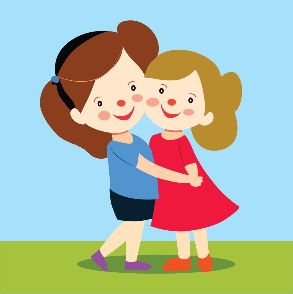 A cute daughter hugging and kissing her mother, Cartoon vector illustration