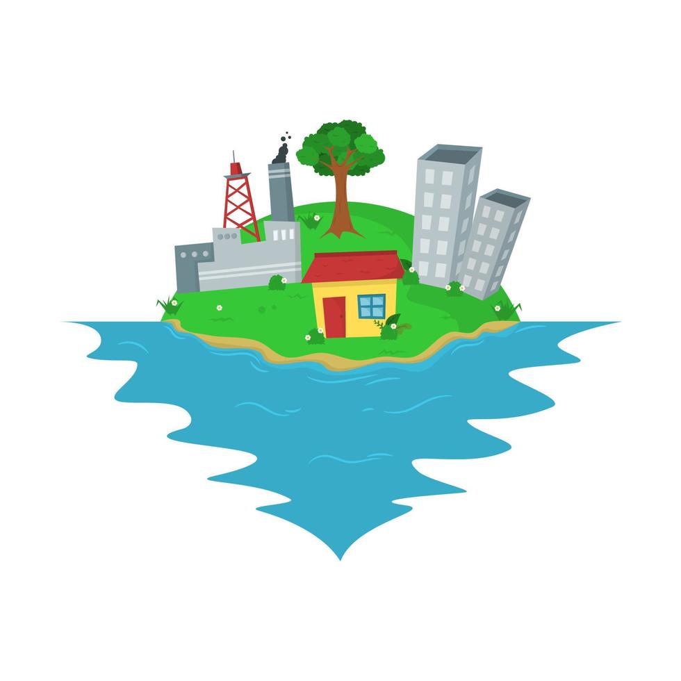 An Island with Tree, Building, Home, and Factory Industry for Illustrating World Environment Day or Earth day vector