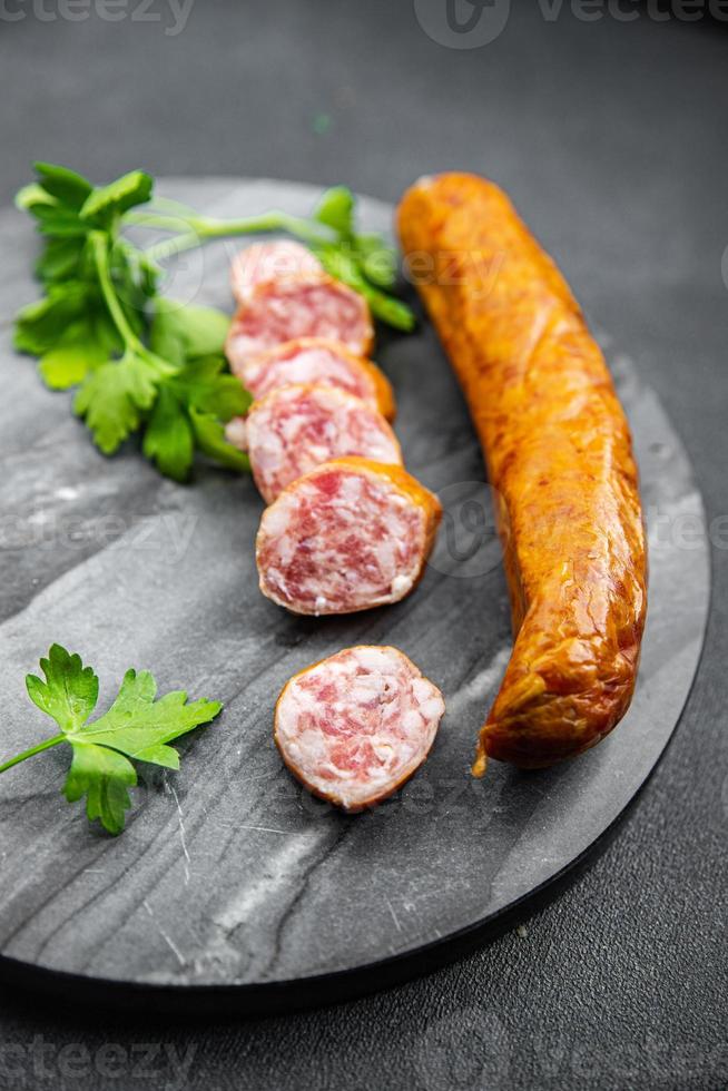 meat sausage pork, beef fresh, collagen casing sausage food snack on