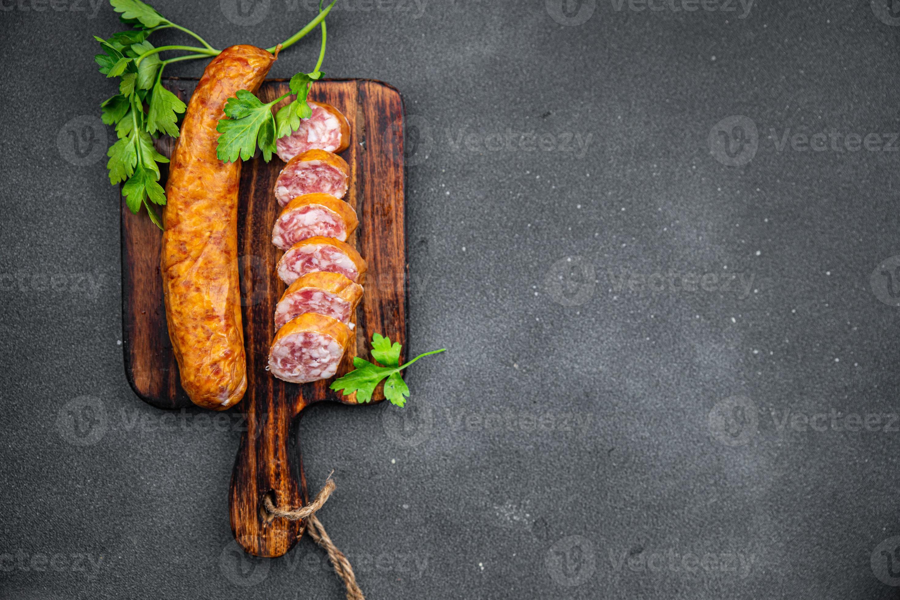 meat sausage pork, beef fresh, collagen casing sausage food snack on
