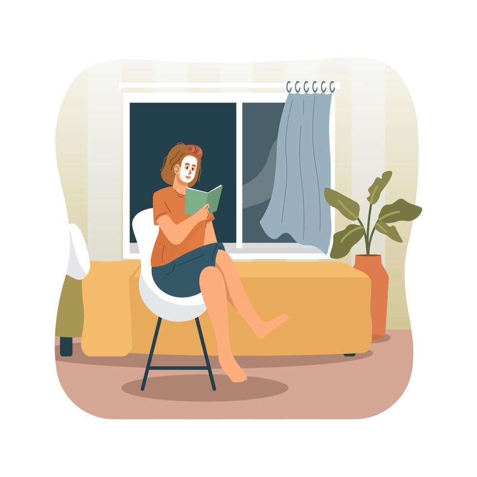 Woman using facial mask while reading book vector