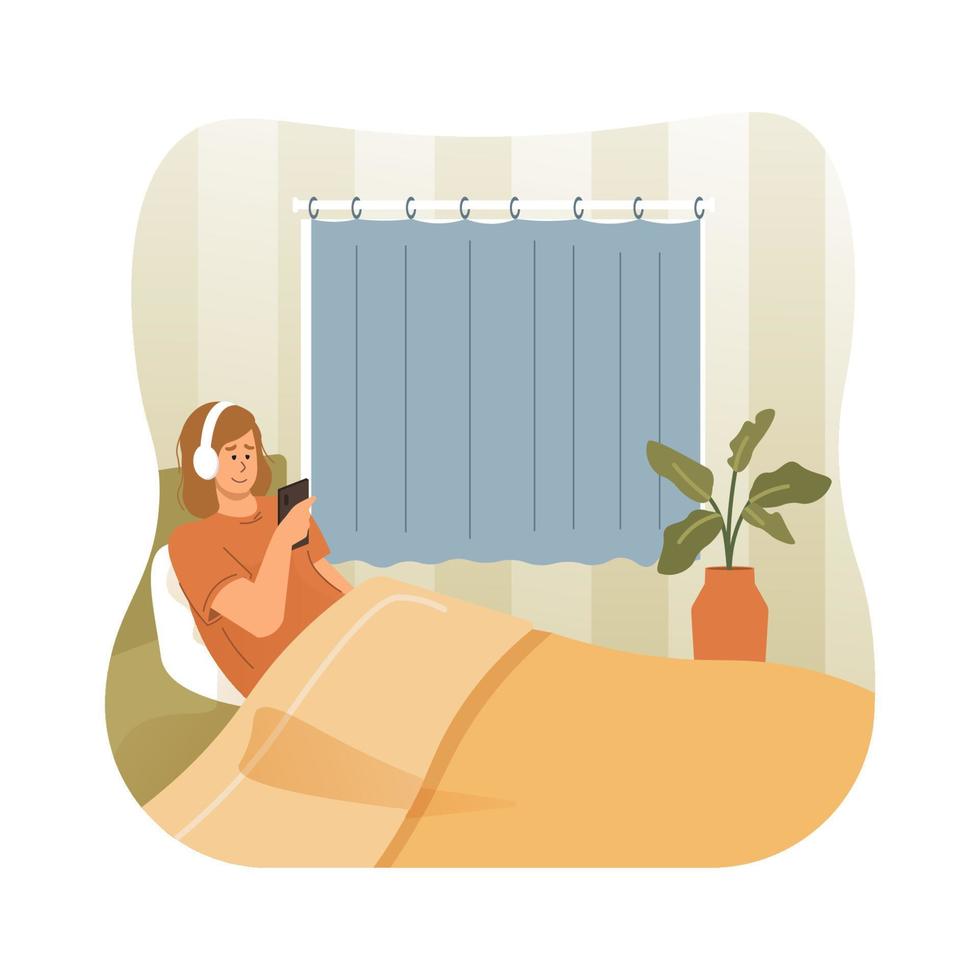 Woman listening music on bed vector