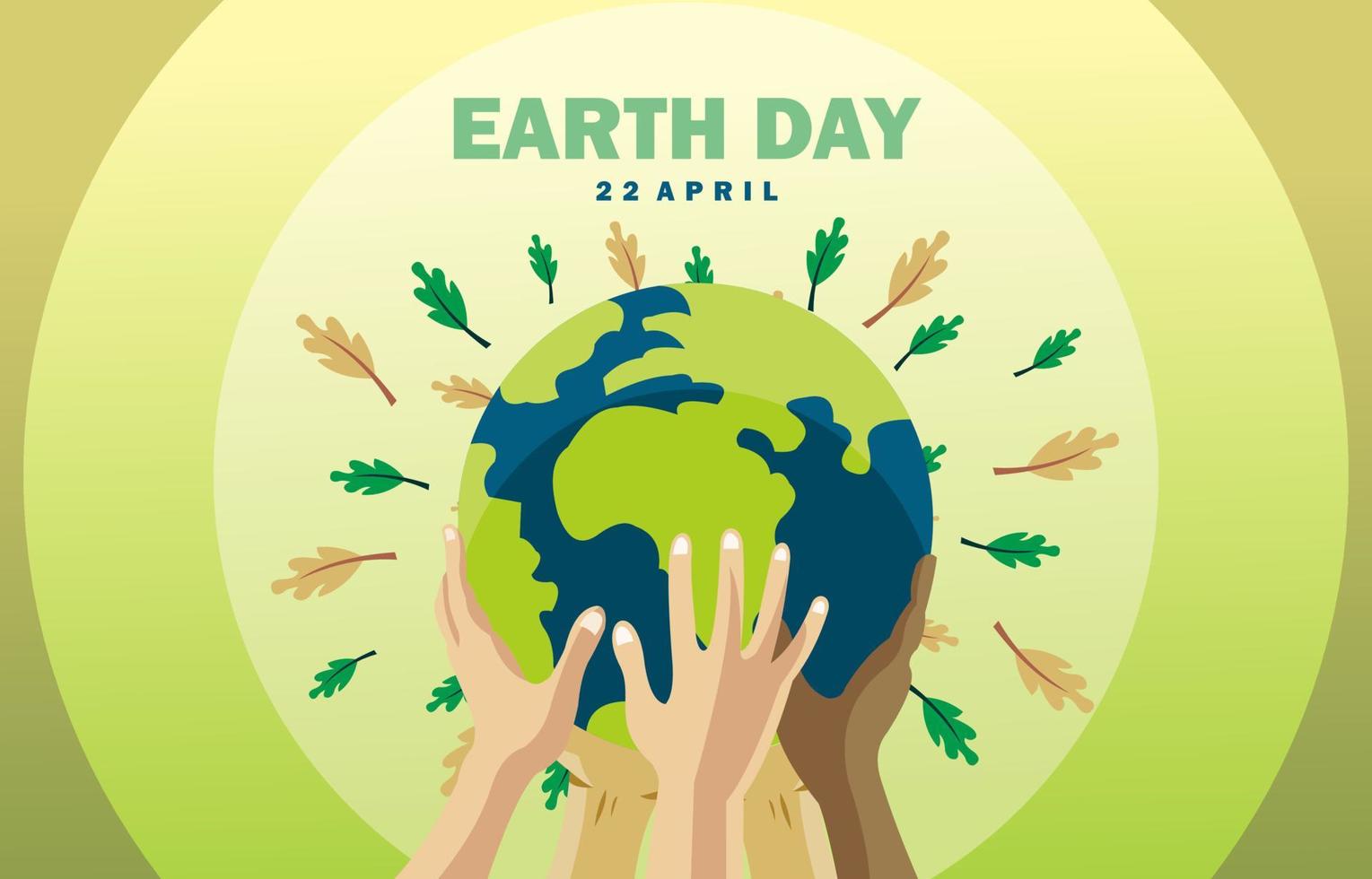 earth day poster, first day, Mother Earth, nature, trees, with the design of a collection of hands of various ethnicities holding the earth up vector