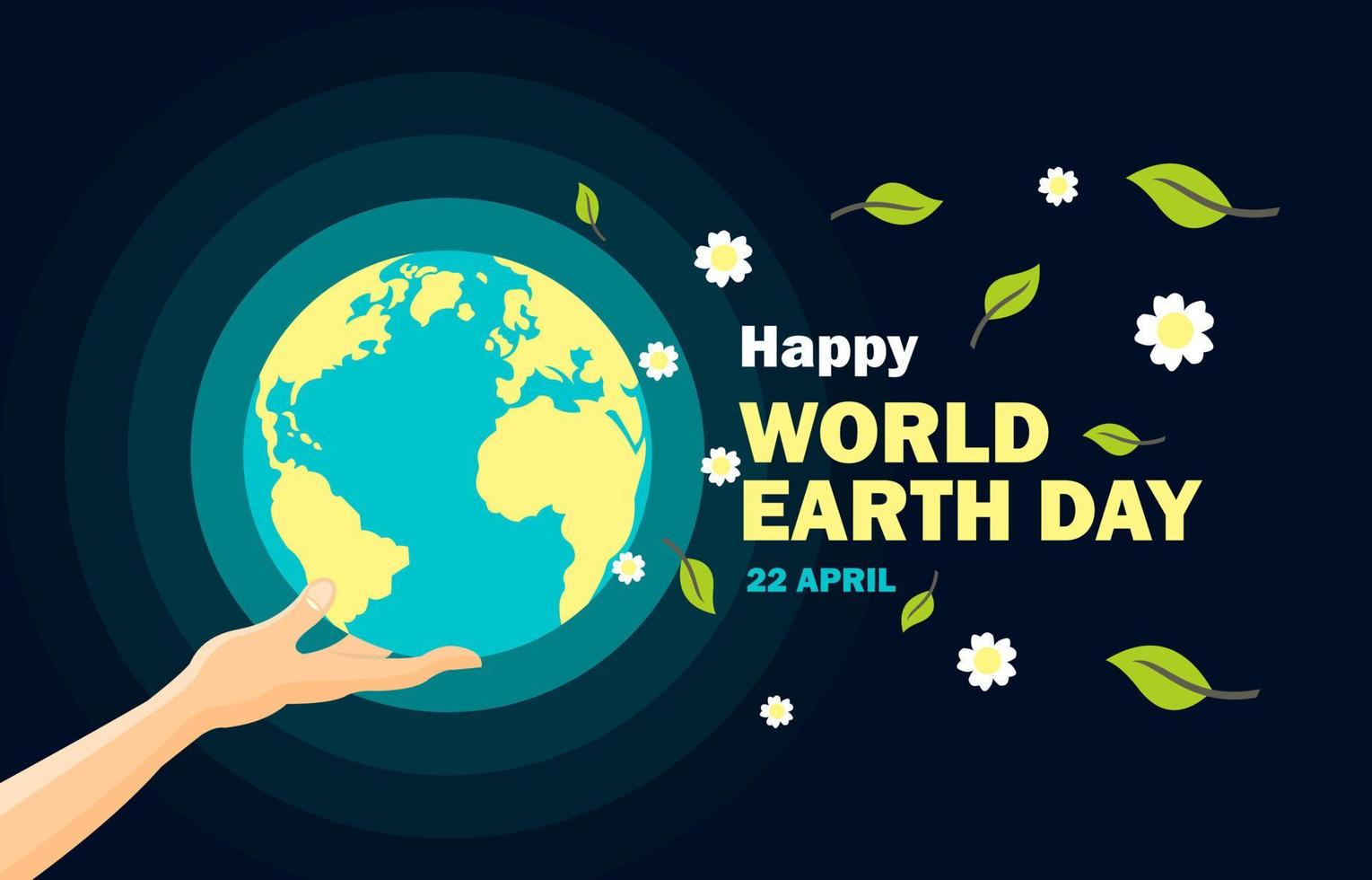 earth day poster with design of earth and hands and flying flowers and leaves vector