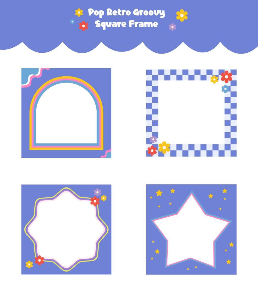 Pop Retro Groovy Flower Square Frame, adorable border frame, 90s frame sticker photo vector