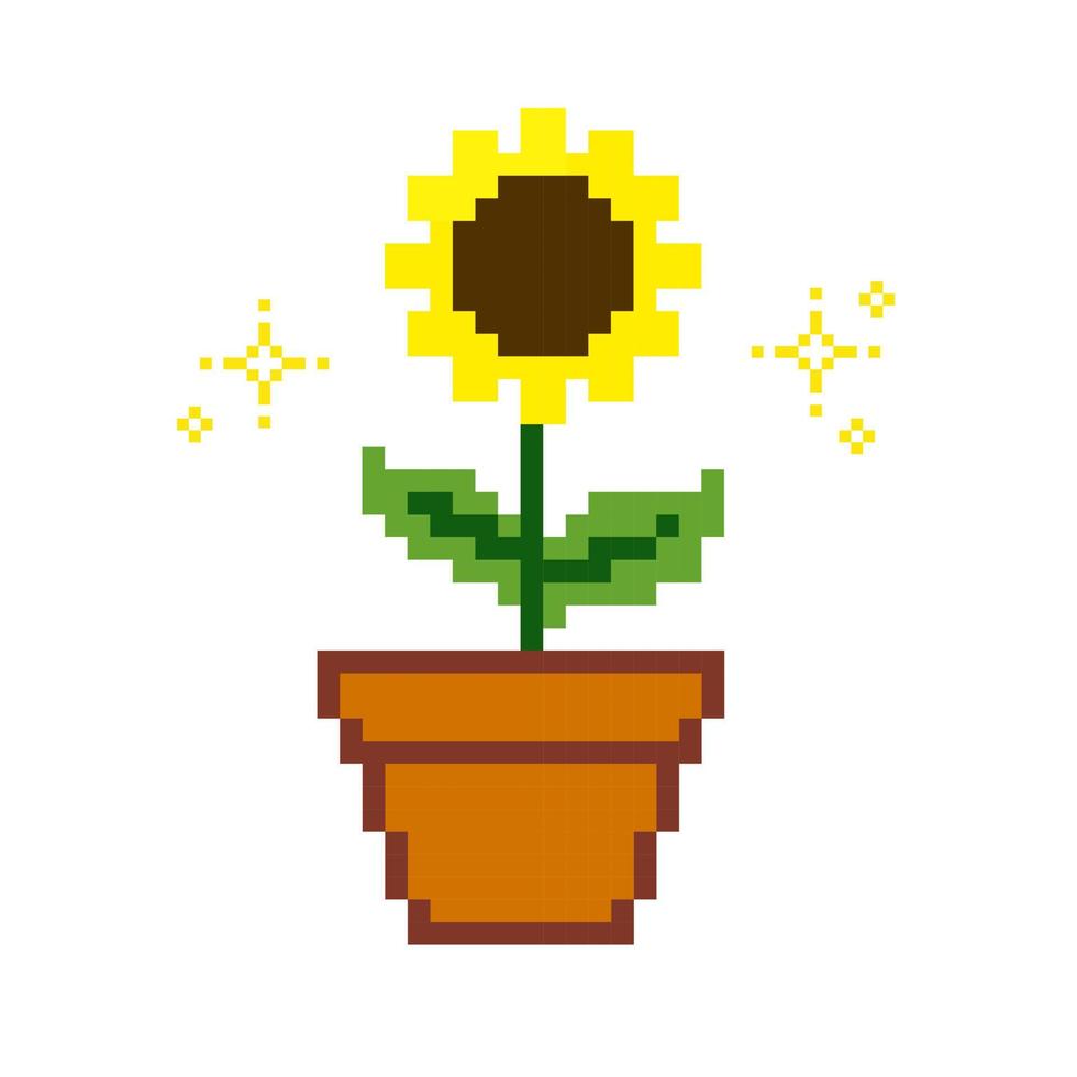 pixel art artistic blooming sunflower in the pot with sparkle star pixel art vector