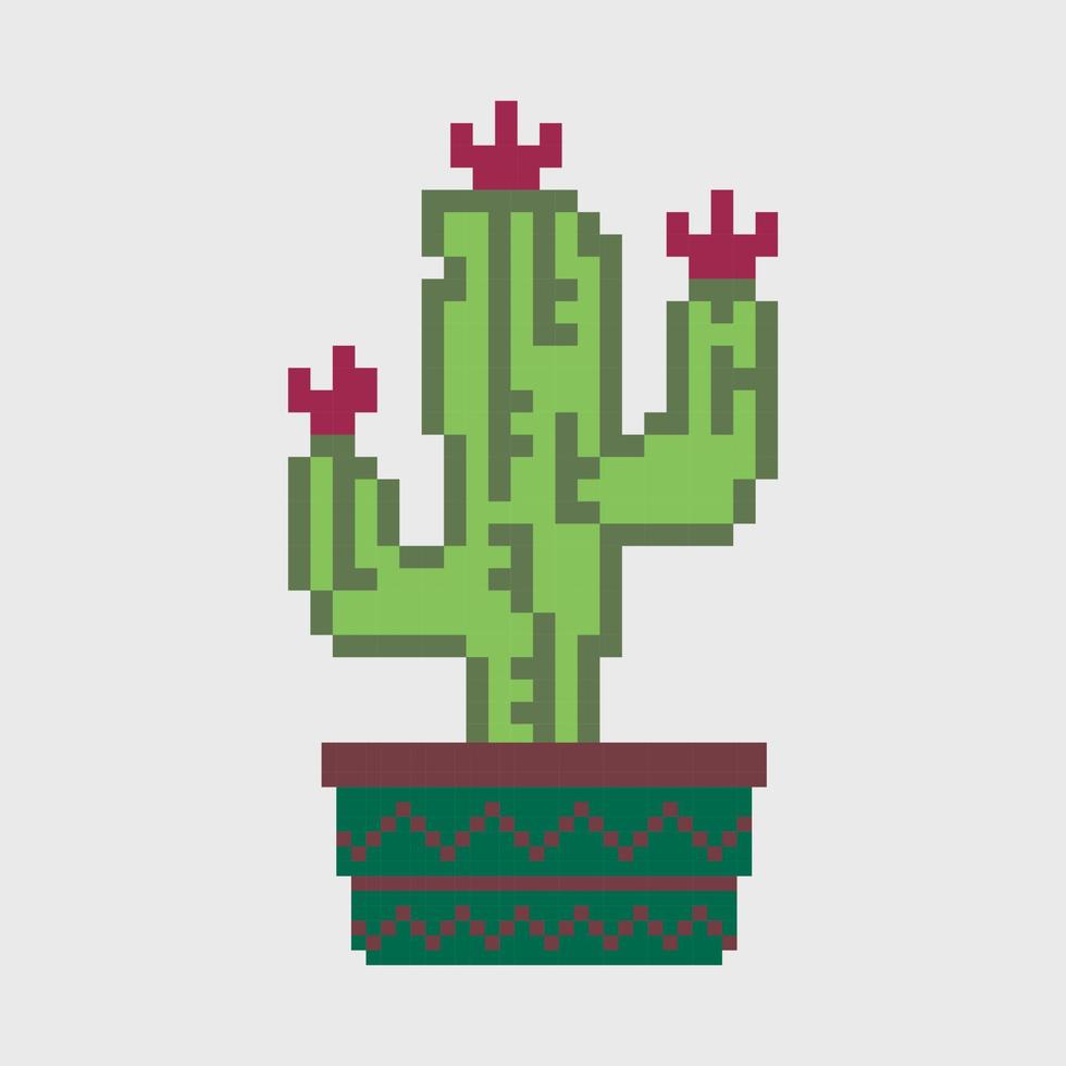 Mexican cactus and aloe pixel art. Desert spiny plant in the pot, Vector pixel art cactus flower