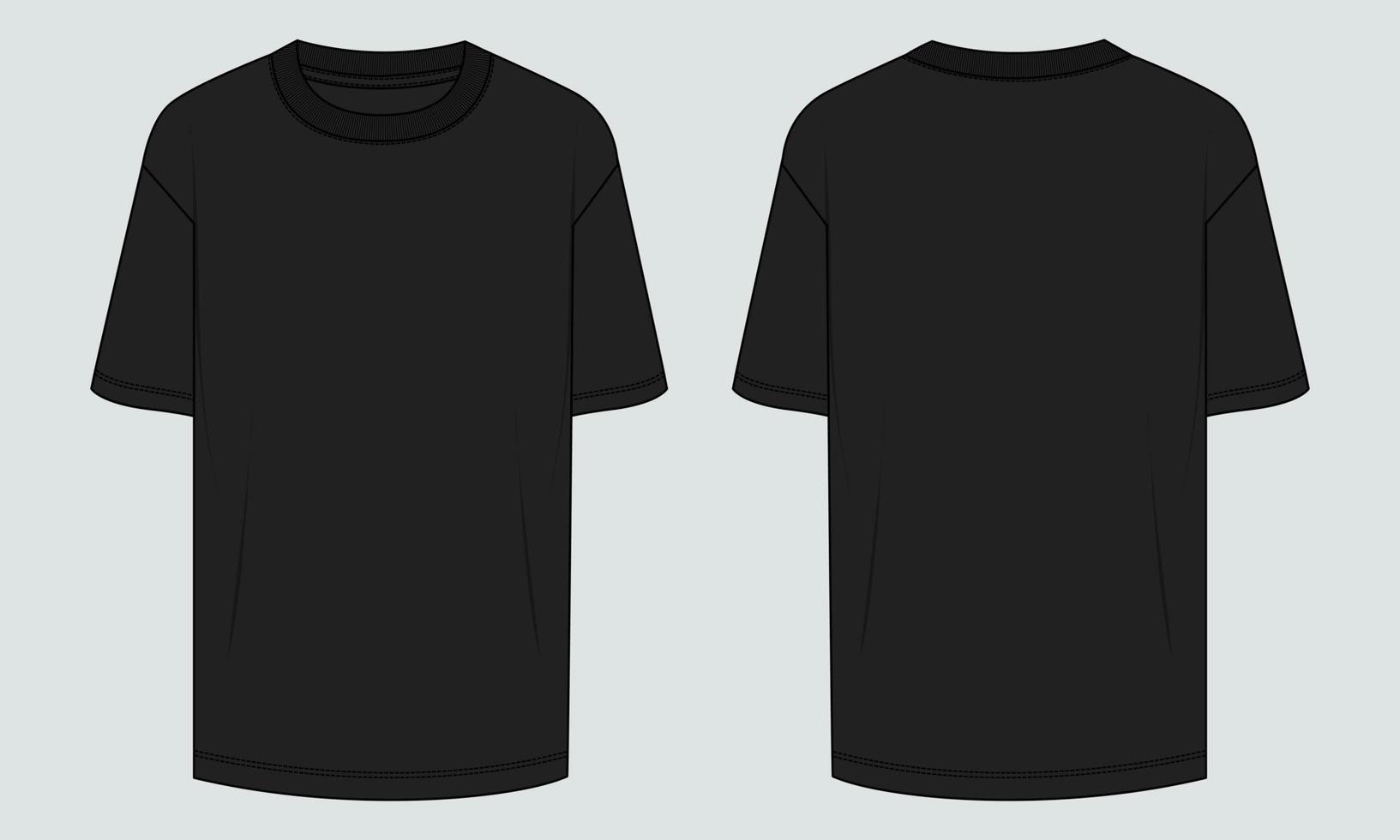 Short sleeve T shirt Technical Fashion flat sketch vector illustration black Color template front and back views. Clothing design mock up for men's isolated on White background.