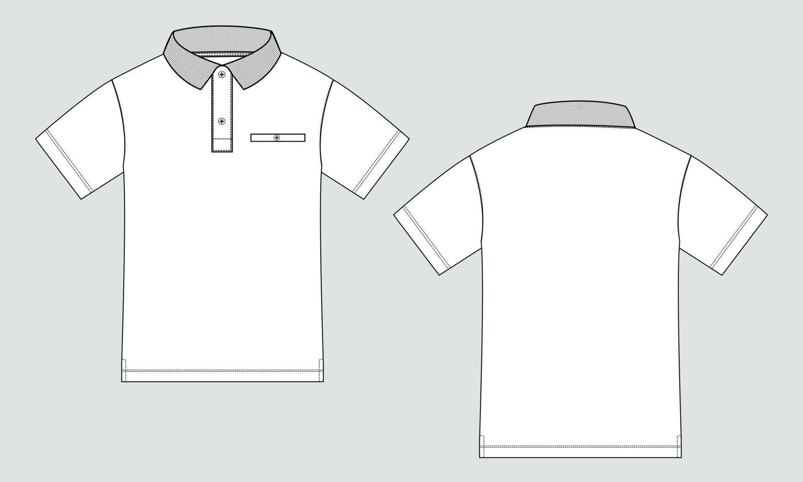 Short sleeve Polo shirt Technical Fashion flat sketch vector illustration template front and back views. Clothing design mock up for men's isolated on grey background.