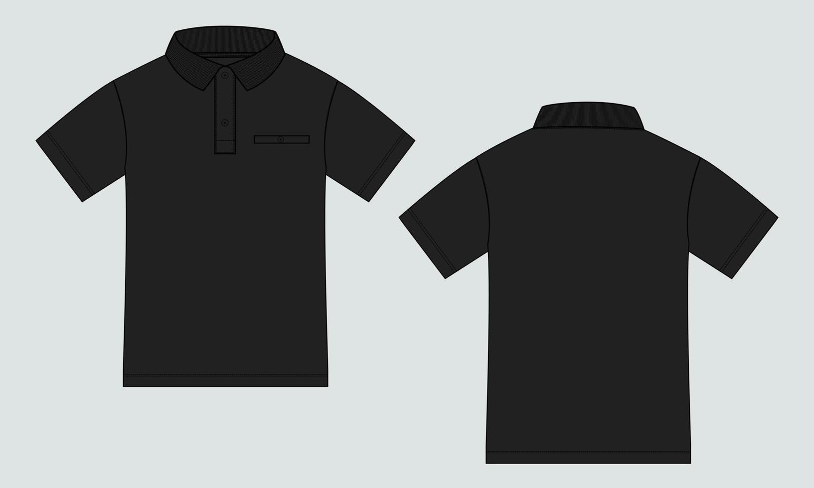 Short sleeve Polo shirt Technical Fashion flat sketch vector illustration black color template front and back views. Clothing design mock up for men's isolated on White background