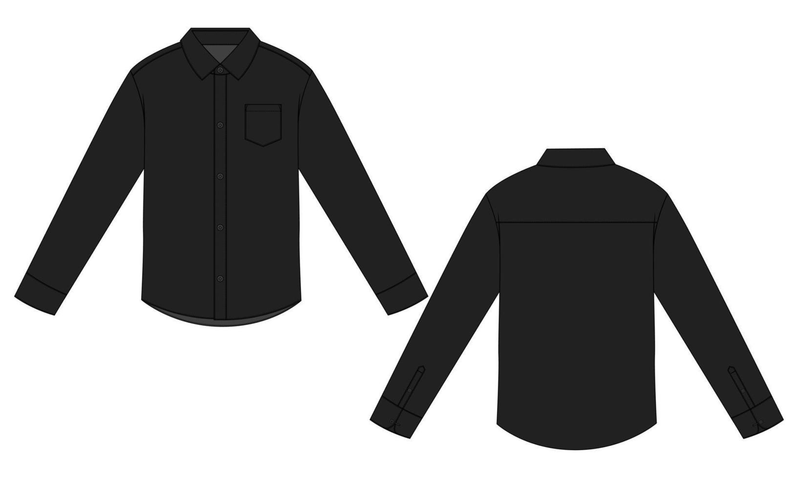 Long sleeve shirt Technical Fashion flat sketch vector illustration black Color Template front and back views isolated on white background