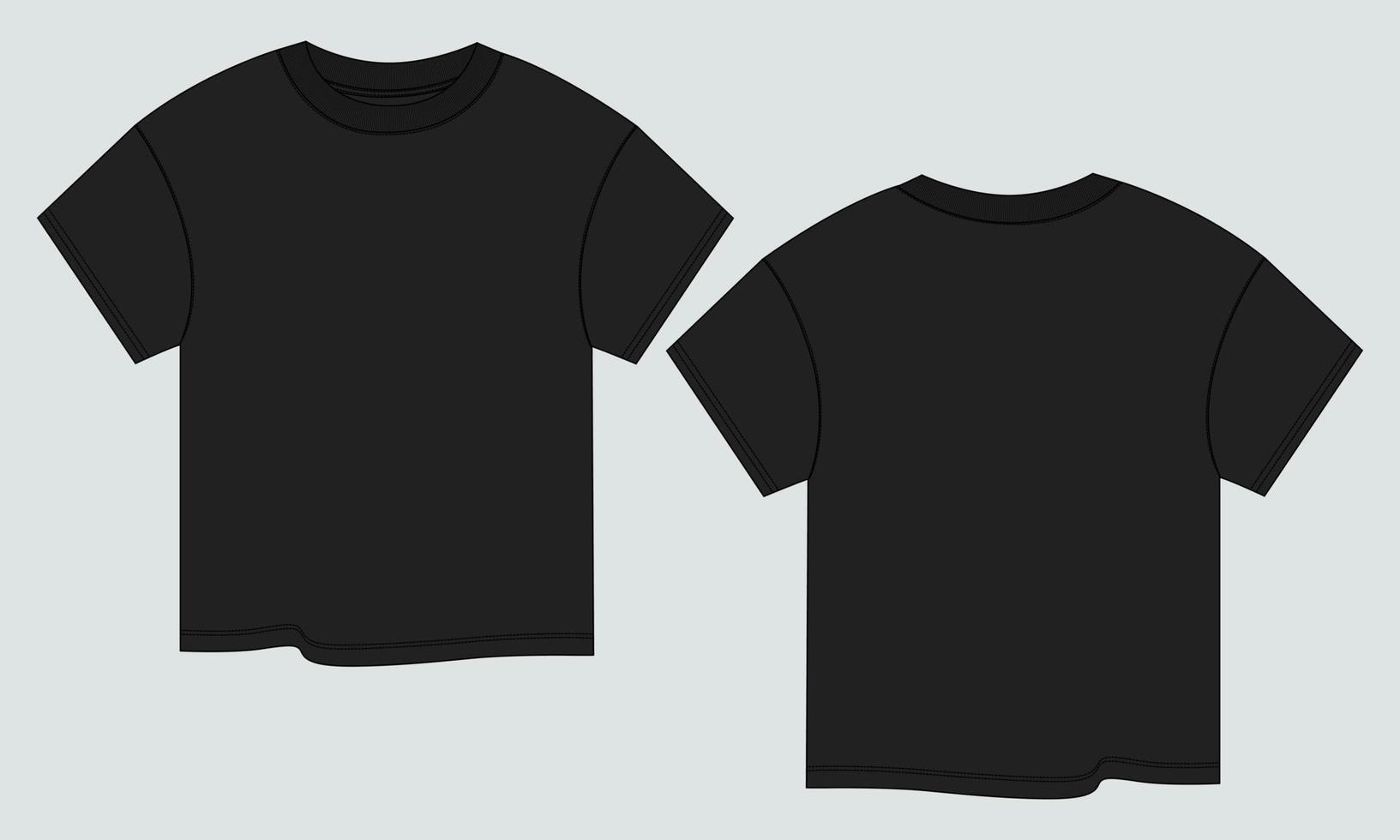Short sleeve T shirt tops Technical Fashion flat sketch vector illustration black color template front and back views. Clothing design mock up for ladies isolated on Grey background.