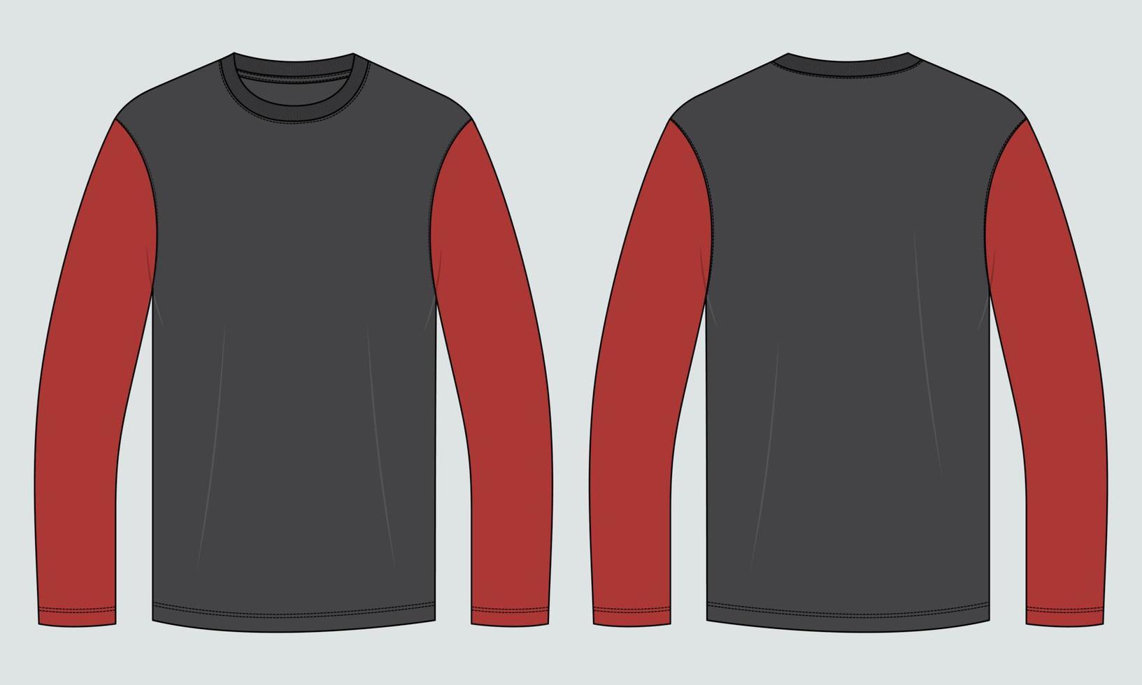 dos tono color largo manga t camisa técnico Moda plano bosquejo vector ilustración negro color modelo frente y espalda puntos de vista.