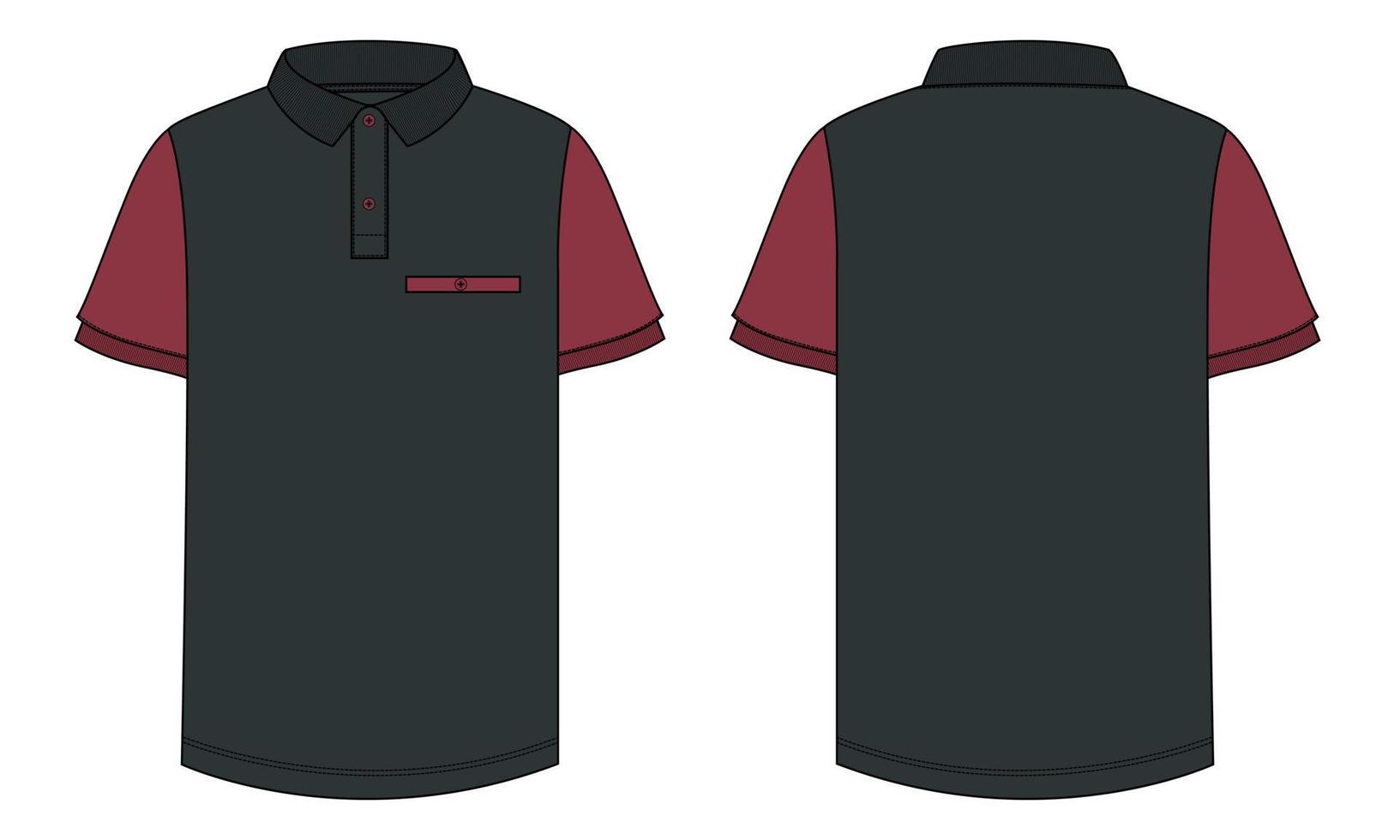 Two tone Color Short sleeve Polo shirt Technical Fashion flat sketch vector illustration template front and back views. Clothing design mock up for men's isolated on White background