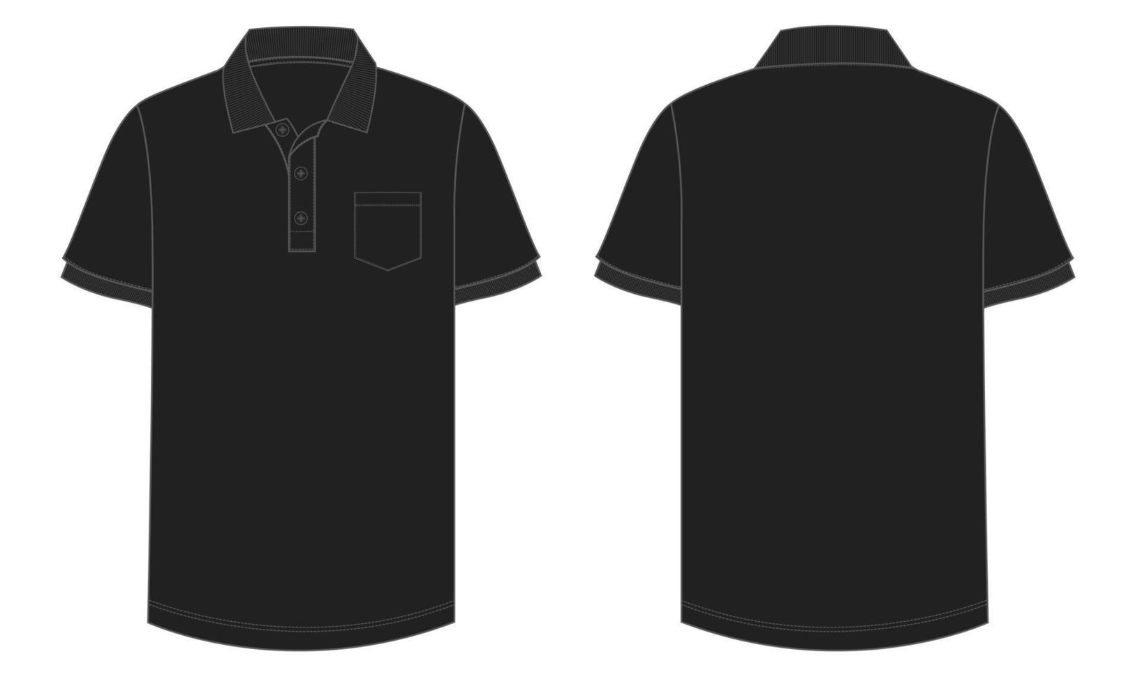 corto manga polo camisa técnico Moda plano bosquejo vector ilustración negro color modelo frente y espalda puntos de vista. ropa diseño burlarse de arriba para de los hombres aislado en blanco antecedentes