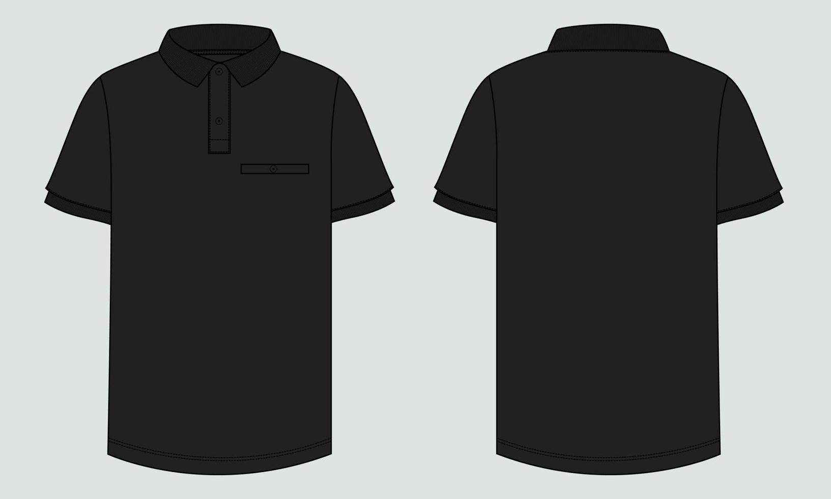 Short sleeve Polo shirt Technical Fashion flat sketch vector illustration black color template front and back views. Clothing design mock up for men's isolated on White background