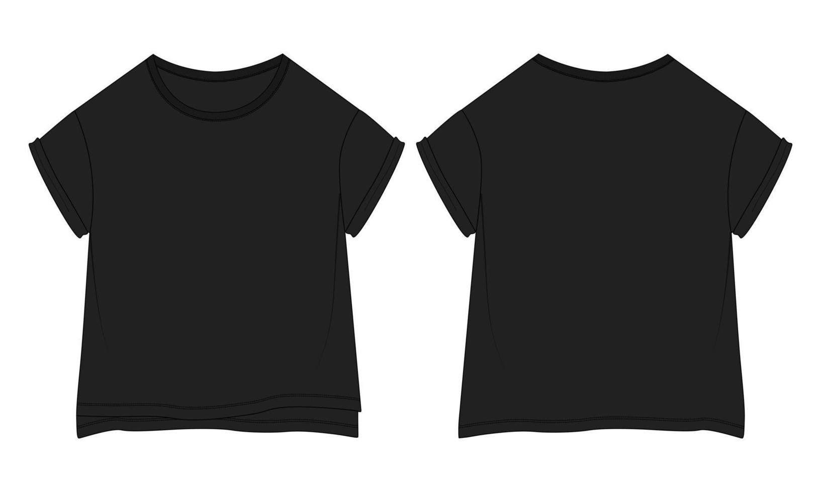 T shirt shirt tops Technical Fashion flat sketch vector illustration black Color template for kids.