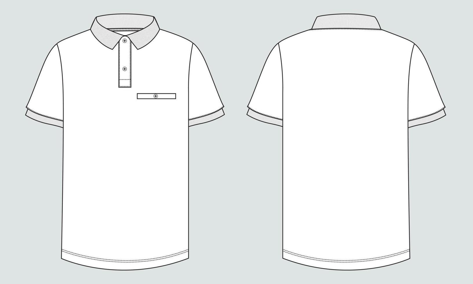 Short sleeve Polo shirt Technical Fashion flat sketch vector illustration template front and back views. Clothing design mock up for men's isolated on grey background.