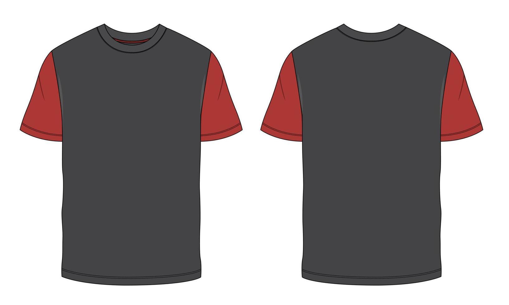 Two tone Color Short sleeve T shirt Technical Fashion flat sketch vector illustration template front and back views. Clothing design mock up for men's isolated on White background.