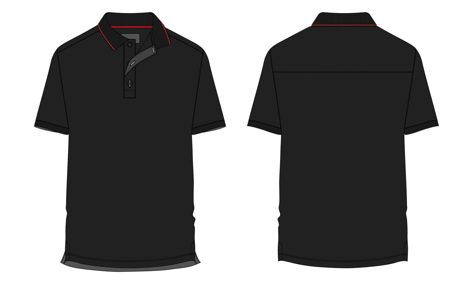 Short sleeve Polo shirt Technical Fashion flat sketch vector illustration black color template front and back views. Clothing design mock up for men's isolated on White background