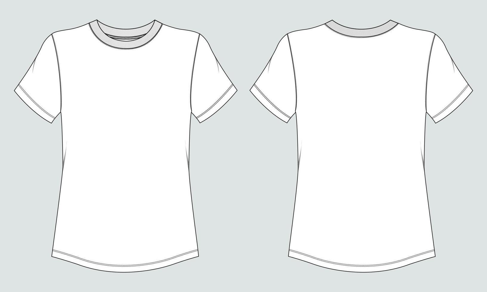 Delgado ajuste corto manga t camisa camisa técnico Moda plano bosquejo vector ilustración modelo frente y espalda puntos de vista. ropa diseño burlarse de arriba para señoras aislado en gris antecedentes.