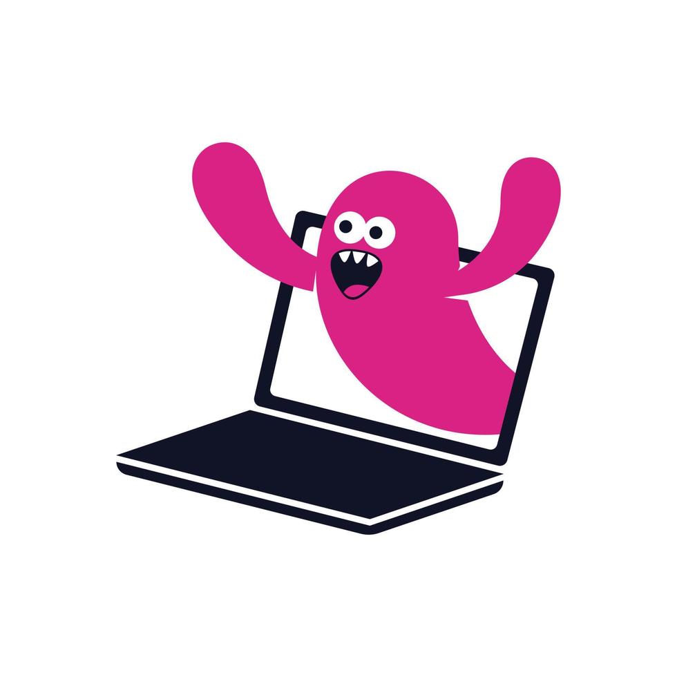 Simple illustration of a magenta colored round figure monster coming out from laptop or computer screen. vector