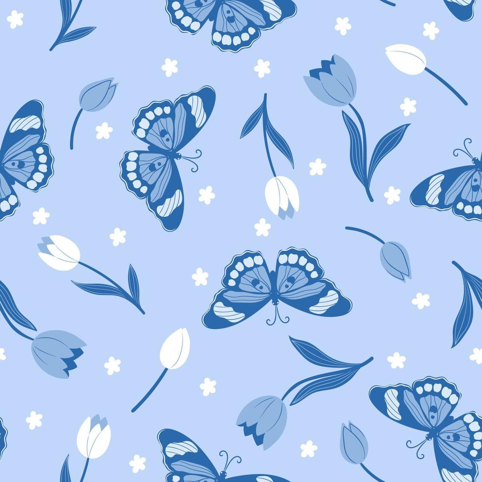 Seamless pattern with butterflies and flowers in blue colors. Vector graphics.